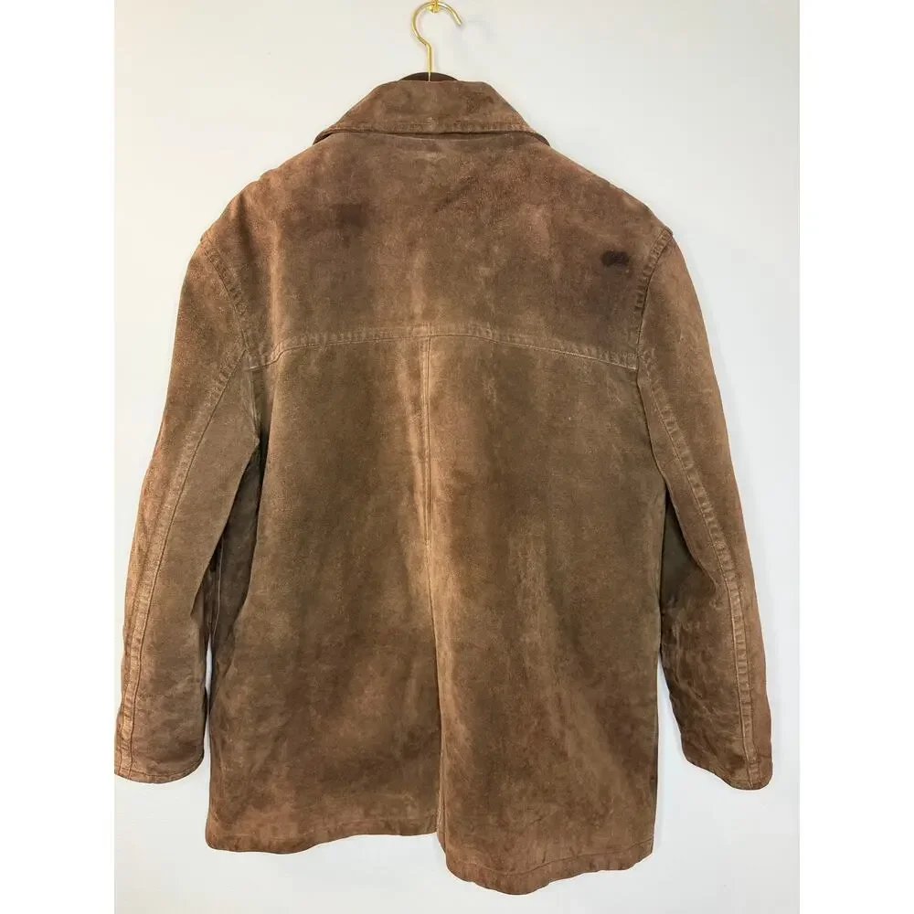 J CREW VGT 90's Suede Leather Jacket Lined Coat Button Down Wool Lining Brown XL